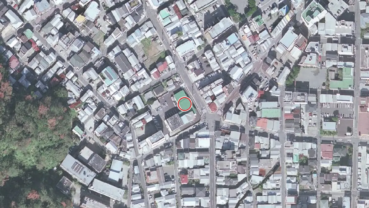 上空から見たアマホームPLAZA（奄美市民交流センター）（中心の赤い輪が会場の位置）