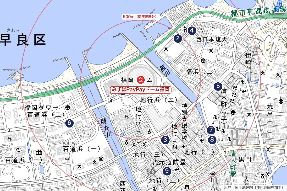 みずほPayPayドーム福岡の周辺マップ:会場(赤)と近くのホテル(番号)・徒歩の目安の輪(500m・1km)