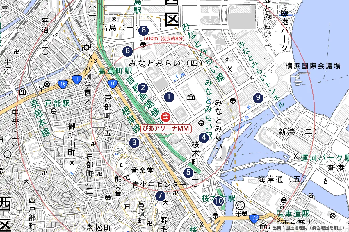 ぴあアリーナMMの周辺マップ:会場(赤)と近くのホテル(番号)・徒歩の目安の輪(500m・1km)